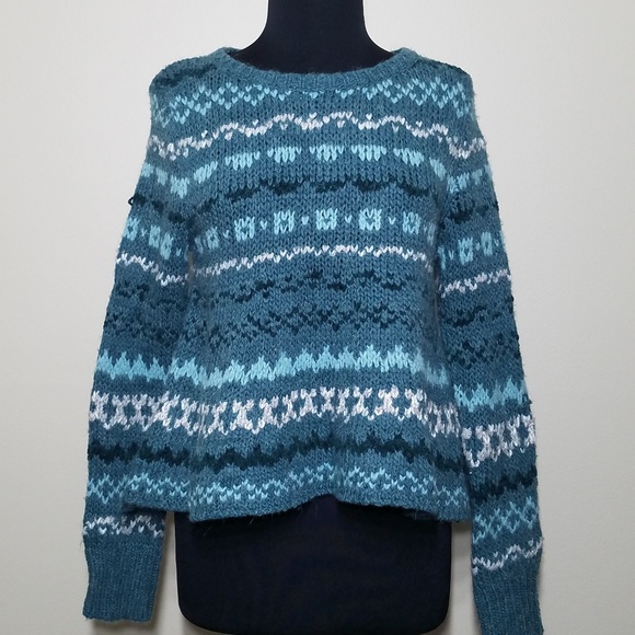 Free People Sweaters - Free People Teal Print Bell Flair Chunky Sweater S
